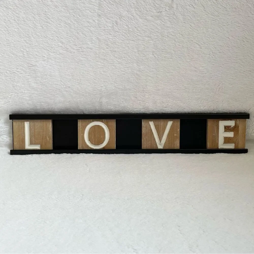 Love Hanging Sign Wood Letter Blocks Metal Frame Home Decor